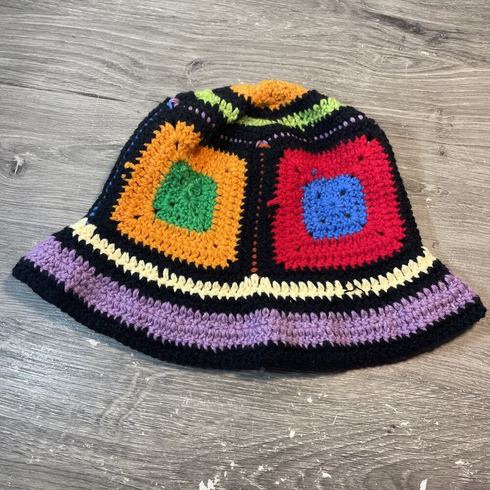 Handmade Crochet Granny Square Bucket Hat Multicolor Boho Festival Retro Style